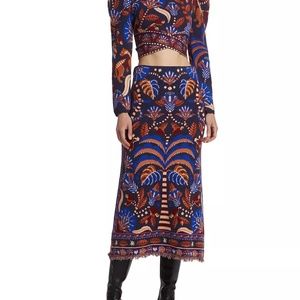 NWT Farm Rio Blue Nature Beauty Scarf Knit Midi Skirt SMALL